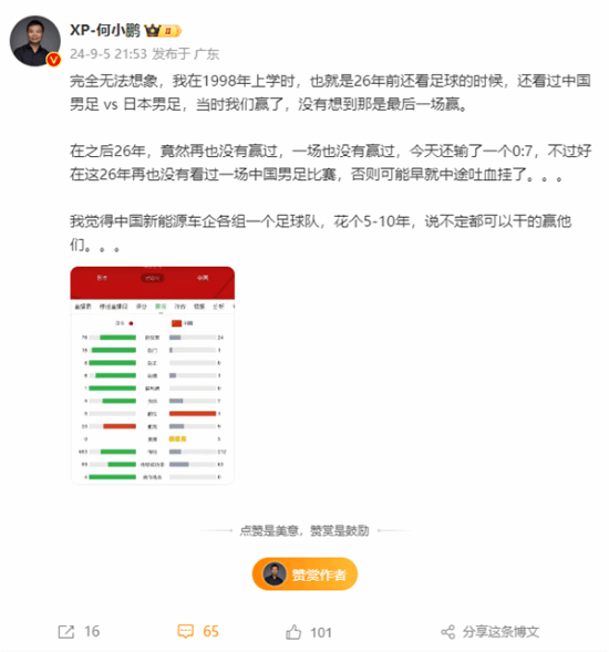 何小鹏评国足惨败：新能源车企组球队说不定能赢日本-第2张图片