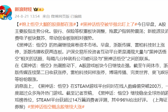 《黑神话》关联股票大涨！浙传雷柏等纷纷涨停-第2张图片